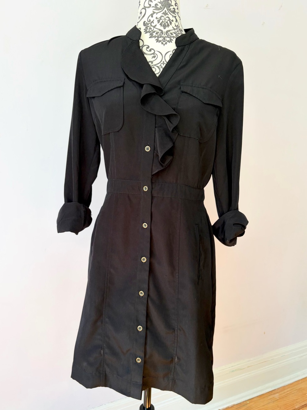 Banana Republic Black Ruffle Front Shirt Dress Size 4